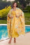 Shop_Aariyana Couture_Yellow Silk V-neck Draped Chanderi Tunic And Cape Set _at_Aza_Fashions