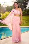 Aariyana Couture_Pink Chiffon, Net, Viscose Embroidery One Shoulder Draped Skirt Set _Online