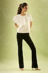 Buy_Samyukta Singhania_White Neoprene Lycra Plain Round Neck Asymmetric Ruffled Sleeve Top _at_Aza_Fashions