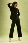 Buy_Samyukta Singhania_Black Neoprene Lycra Plain Collar Neck Puffed Sleeves Shirt And Pant Set _at_Aza_Fashions