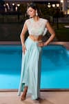 Aariyana Couture_Blue Modal, Satin Applique Round Neck Powder Embroidered Cape Set _Online_at_Aza_Fashions