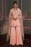 Buy_Mustard Moon by Neyha and Vrinda_Pink Georgette, Net Embroidery, Tassels V-neck Liva Rose Kurta Set With Dupatta _at_Aza_Fashions