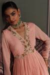 Buy_Mustard Moon by Neyha and Vrinda_Pink Georgette, Net Embroidery, Tassels V-neck Liva Rose Kurta Set With Dupatta _Online_at_Aza_Fashions