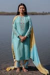 Buy_The Home Affair_Blue Cotton, Chiffon Embroidery Round Neck Designer Kurta Set With Dupatta _at_Aza_Fashions