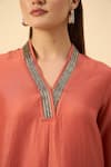 Aakaar_Orange Cotton, Silk Embroidery V-neck Kurta Set _at_Aza_Fashions