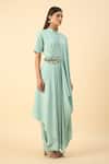 Aakaar_Blue Modal Beads Collared Draped Kurta Set _Online_at_Aza_Fashions