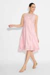 Buy_SHASHA GABA_Pink Polyester, Chanderi Embroidery Round Neck Embellished Rosette Dress _at_Aza_Fashions