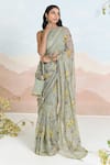 Buy_BAISE GABA_Green Chiffon Embroidery Floral Print Azalea Saree Set _at_Aza_Fashions