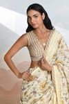 BAISE GABA_Beige V-neck Bloomline Designer Saree With Blouse _Online_at_Aza_Fashions