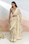 Buy_BAISE GABA_Beige V-neck Bloomline Designer Saree With Blouse _Online_at_Aza_Fashions