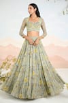 Buy_Baise Gaba_Green Chiffon Embroidery, Beads Sweetheart Neck Floral Print Auralia Lehenga Set _Online_at_Aza_Fashions