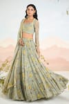 Shop_Baise Gaba_Green Chiffon Embroidery, Beads Sweetheart Neck Floral Print Auralia Lehenga Set _Online_at_Aza_Fashions