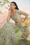 Shop_Baise Gaba_Green Chiffon Embroidery, Beads Sweetheart Neck Floral Print Auralia Lehenga Set 