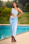 Buy_Aariyana Couture_Blue Modal, Satin Applique Asymmetric Powder Embroidered Blouse And Draped Skirt _Online_at_Aza_Fashions