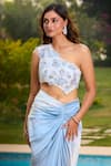 Aariyana Couture_Blue Modal, Satin Applique Asymmetric Powder Embroidered Blouse And Draped Skirt _at_Aza_Fashions