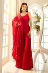 Buy_Aariyana Couture_Red Modal Satin Hand Embroidered Floral V Neck Draped Top And Palazzo Set _at_Aza_Fashions