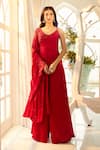 Aariyana Couture_Red Modal Satin Hand Embroidered Floral V Neck Draped Top And Palazzo Set _Online_at_Aza_Fashions