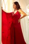 Buy_Aariyana Couture_Red Modal Satin Hand Embroidered Floral V Neck Draped Top And Palazzo Set _Online_at_Aza_Fashions