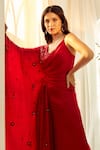 Shop_Aariyana Couture_Red Modal Satin Hand Embroidered Floral V Neck Draped Top And Palazzo Set _Online_at_Aza_Fashions