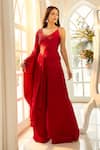 Aariyana Couture_Red Modal Satin Hand Embroidered Floral V Neck Draped Top And Palazzo Set _at_Aza_Fashions