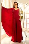 Aariyana Couture_Red Modal Satin Hand Embroidered Floral V Neck Draped Top And Palazzo Set _Online