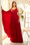 Buy_Aariyana Couture_Red Modal Satin Hand Embroidered Floral V Neck Draped Top And Palazzo Set _Online