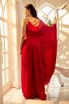 Shop_Aariyana Couture_Red Modal Satin Hand Embroidered Floral V Neck Draped Top And Palazzo Set _at_Aza_Fashions