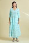 Samyukta Singhania_Blue Anarkali And Dupatta Cotton Mulmul Embroidered Mirror Work V-neck Pant Set _Online_at_Aza_Fashions