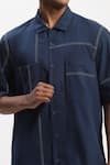 ABRAHAM AND THAKORE_Navy Cotton Tonal Patchwork Casual Shirt _Online_at_Aza_Fashions