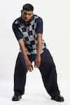 Abraham And Thakore_Navy Embroidery Crewel Checker T-shirt _Online_at_Aza_Fashions