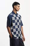 Abraham And Thakore_Navy Embroidery Crewel Checker T-shirt _at_Aza_Fashions