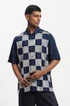 Buy_Abraham And Thakore_Navy Embroidery Crewel Checker T-shirt _at_Aza_Fashions