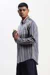 Abraham And Thakore_Navy Cotton Engineered Dual Woven Shirt _Online_at_Aza_Fashions