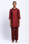 Shop_Abraham And Thakore_Burgundy Chanderi Collared Applique Strips Kurta _at_Aza_Fashions
