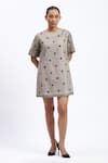 Shop_Abraham And Thakore_Multi Color Chanderi Embroidery Round Neck Neutral Maheshwar Dress _Online_at_Aza_Fashions