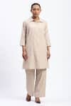 ABRAHAM AND THAKORE_Beige Chanderi Cut Work Button-down Neck Bird Tunic _Online_at_Aza_Fashions