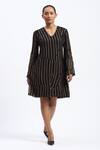 Buy_Abraham And Thakore_Black Georgette Sequins V-neck Broken Stripes Dress _at_Aza_Fashions