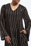 Abraham And Thakore_Black Georgette Sequins V-neck Broken Stripes Dress _at_Aza_Fashions