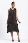 Buy_ABRAHAM AND THAKORE_Black Georgette Foil Printing V-neck Gold Beaded Midi Dress _at_Aza_Fashions