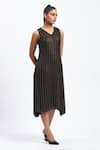 ABRAHAM AND THAKORE_Black Georgette Foil Printing V-neck Gold Beaded Midi Dress _Online_at_Aza_Fashions
