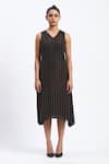Buy_ABRAHAM AND THAKORE_Black Georgette Foil Printing V-neck Gold Beaded Midi Dress _Online_at_Aza_Fashions