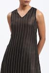 Shop_ABRAHAM AND THAKORE_Black Georgette Foil Printing V-neck Gold Beaded Midi Dress _Online_at_Aza_Fashions