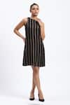 ABRAHAM AND THAKORE_Black Georgette Foil Printing Round Neck Cutwork Dress _Online_at_Aza_Fashions