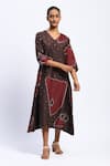 Buy_Abraham And Thakore_Burgundy Chanderi Sequins V-neck Bark Cloth Ikat Midi Dress _at_Aza_Fashions