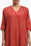 Abraham And Thakore_Coral Crepe Sequins V-neck Broken Stripes Kaftan _at_Aza_Fashions