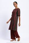 Buy_ABRAHAM AND THAKORE_Brown Chanderi Applique Split V-neck Strips Kurta _Online_at_Aza_Fashions