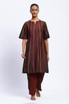 Buy_ABRAHAM AND THAKORE_Brown Chanderi Applique Split V-neck Strips Kurta _at_Aza_Fashions