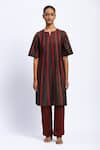 Buy_ABRAHAM AND THAKORE_Brown Chanderi Applique Split V-neck Strips Kurta 