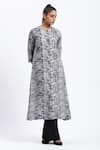 Shop_ABRAHAM AND THAKORE_Gray Linen Round Neck Handpainted Checks Kurta _Online_at_Aza_Fashions