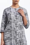 ABRAHAM AND THAKORE_Gray Linen Round Neck Handpainted Checks Kurta _at_Aza_Fashions
